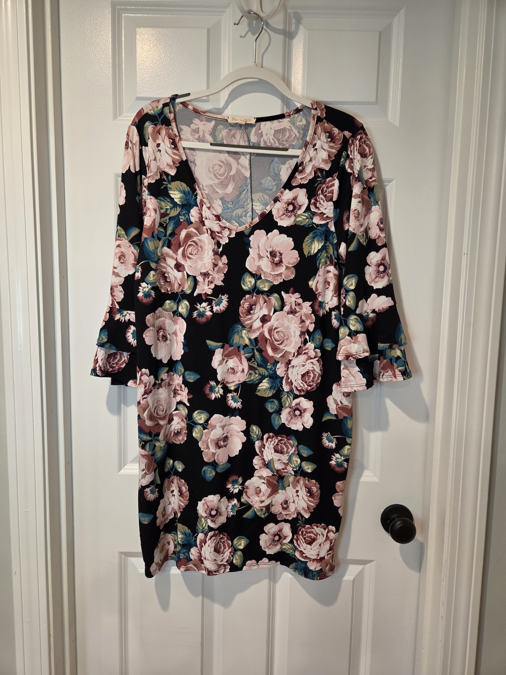 Black Floral V-Neck Midi Dress with Bell Sleeves